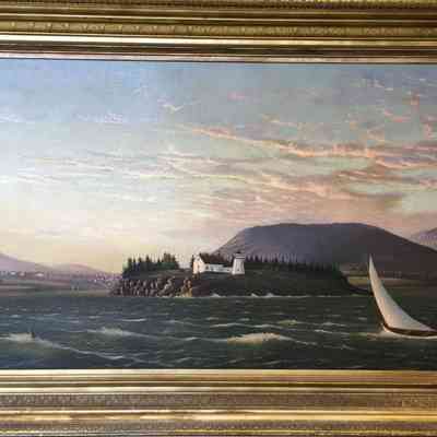 1876 painting of Camden Harbor by Ezra Bramhall, in the Library's collectio