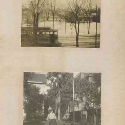 Winter scene with a trolley car.; Two women possibly playing tether-ball.