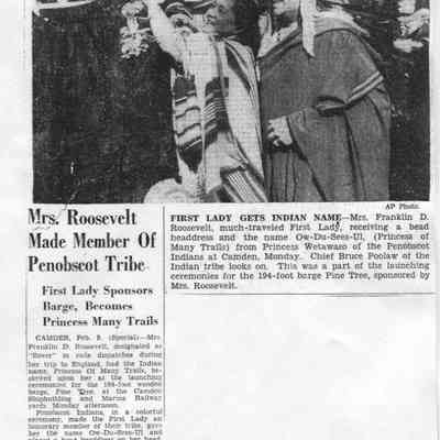 Mrs. Roosevelt Made Member of Penobscot Tribe