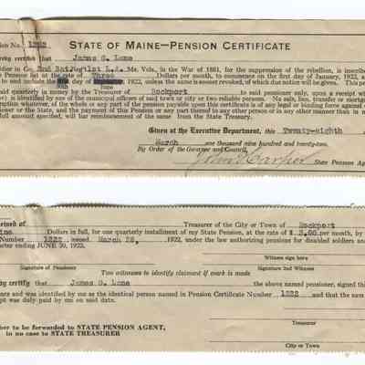 State of Maine Pension Certificate #1222 Town of Rockport pension payment to James Lane