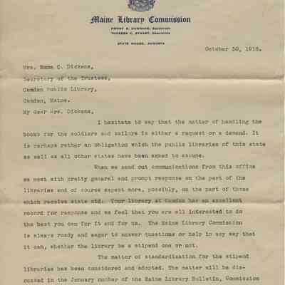 Letter to Emma C. Dickens from the Maine Library Commission