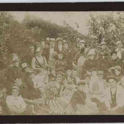 Family gathering at unknown location, labeled "Uncle Josh's cottage, 1890": Origsize: 8.5" x 5.5"; Origformat: Print-Photographic
