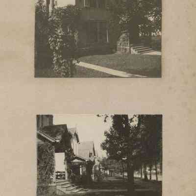 2 photos; two-story wooden house; view of houses looking down a street