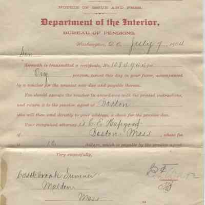 Castlebrook Sumner 1904 pension certificate