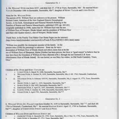 Descendants of Dr. William Dyer through his son William to Myrna Crocker