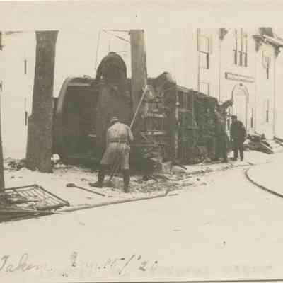 Overturned trolley at the Rockport Opera House, January 15, 1920
