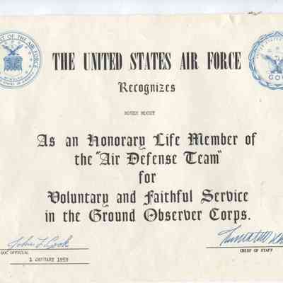 Honorary Life Membership in the Air Defense Team certificate