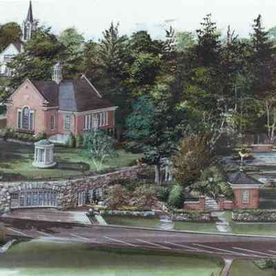 Birdseye view of old library, library grounds, amphitheatre, and Atlantic Avenue
