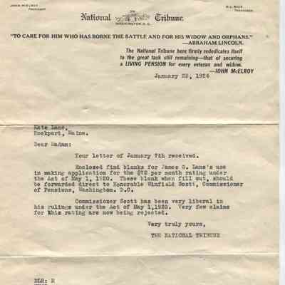 Letter to Kate Lane regarding Civil War pension increase