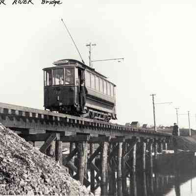 Trolley on the Oyster River bridge in Warren, Maine
