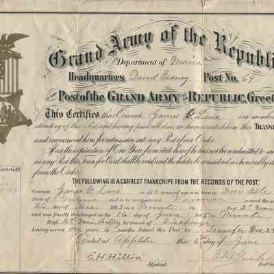 GAR membership certificate for James G. Lane