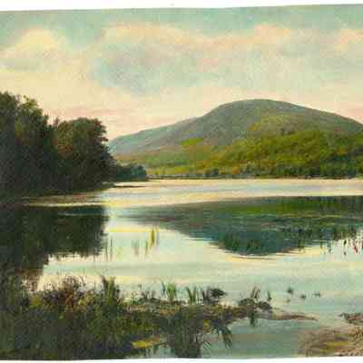 Hand colored photograph of Hosmer Pond and Bald Mountain