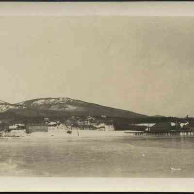 Steamship wharf and Camden hills circa March 1920