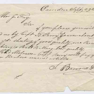 Letter to Joel Fay of Boston, Massachusetts from Stephen Barrows of Camden, Maine dated 29 September 1837