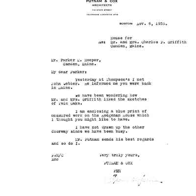 Letter regarding house for Mr. and Mrs. Charles F. Griffith, Camden Maine