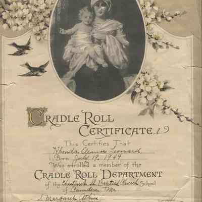 Cradle Roll Certificate for Rhonda Eleanor Leonard, 1944