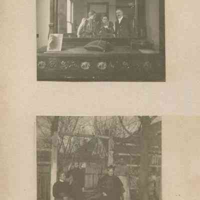 Gookin family looking into mirror on buffet; Mrs. Young with three other wo