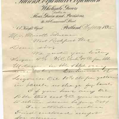 Letter to Minott Tolman from the Patron's Co-Operative Corporation in Portland, ME