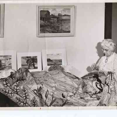 Mrs. John Winchell of Freeport demonstrating rug hooking: Origformat: Print-Photographic