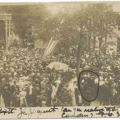 Crowd of people gathered at the Conway Boulder in Camden, Maine