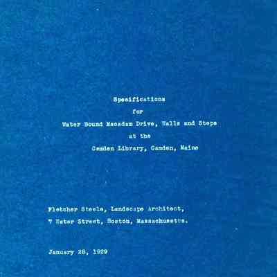 Specifications for water bound Macadam dr., walls, steps at Camden Library, Camden, ME