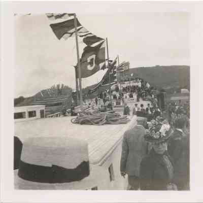 Crowd on the deck of the George W. Wells on launch day, August 14, 1900.