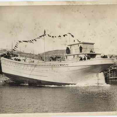 Pine Tree barge slides down the ways at Camden shipyard