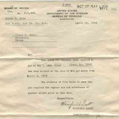 Pension increase letter 1926