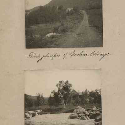 "First glimpse of Gookin Cottage"; "Front view from lake"