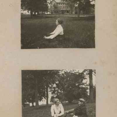 2 photos; woman sitting on grass in front of house; man and woman sitting o