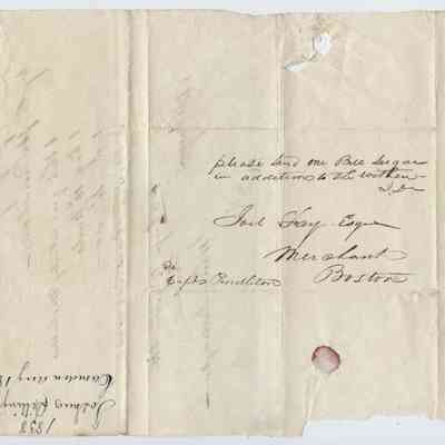 Letter to merchant Joel Fay of Boston, Massachusetts sent via Capt. Pendleton from Joshua Dillingham of Camden, Maine dated 18 August 1838