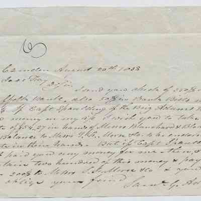 Letter to Joel Fay of Boston, Massachusetts from Samuel G. Adams of Camden, Maine dated 20 August 1838