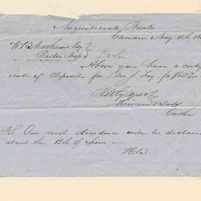 Letter to Mr. W. B. Mathews (?) Esq. of Boston, Massachusetts from Hiram Bass of the Megunticook Bank, Camden, Maine dated 11 May 1866