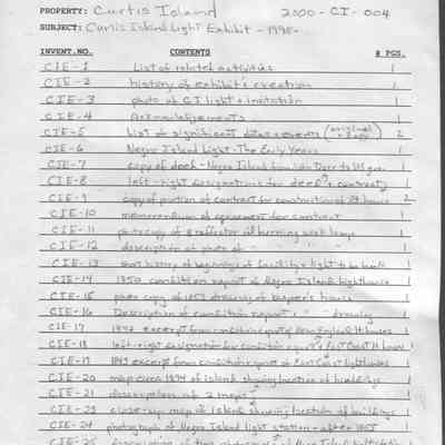 Curtis Island exhibit notebook inventory pg1