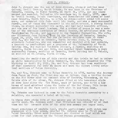 Johnson family: John F. & Elizabeth (Walker) Johnson of the Kelso-Quincy area of Traill County