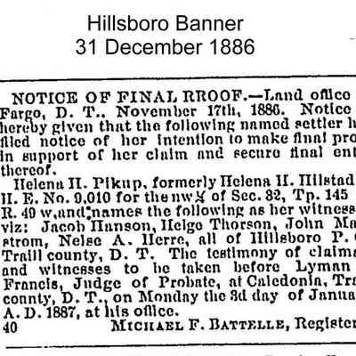 Hillsboro Banner, 31 December 1886: Notice of Final Proof of land, NW Qtr. Sect. 32, T145N, R49W.