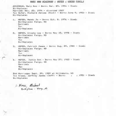 Ackerman_Genealogy.pdf file by Jackie (Ausk) Baumgartner: Page 35, information compiled and written by Karen (Fleischer) Ackerman