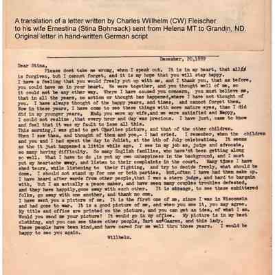 Third 1889 letter to Stina of Grandin, DT, from husband CW Fleischer of Helena, MT: Dated 20 December 1889, translated to English by Walt Bohnsack; original in hand-written German