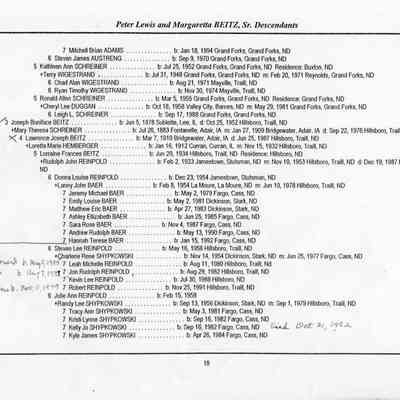 Descendants chart, page 18, courtesy a descendant of Lawrence Beitz, grandson of Adam and Julia (Burg) Beitz: Descendants of Joseph Beitz and Mary Schreiner