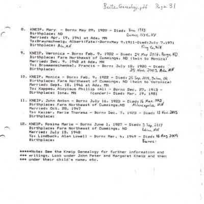 Beitz_Genealogy.pdf by Karen (Fleischer) Ackerman courtesy granddaughter Jackie (Ausk) Baumgartner: Information on Children of John Peter (JP) Jr. & Margaret (Beitz) Kneip, page 31