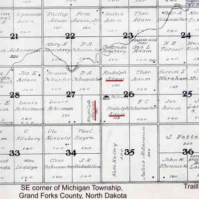 1927 Standard Atlas of Grand Forks County, North Dakota: Rudolph Adams farmstead located in SW Qtr. of Sect. 26 in Michigan Township