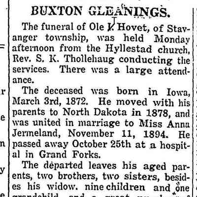 Hillsboro Banner, 2 November 1917: Obituary, Ole Thorson Hovet