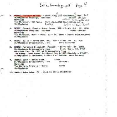 Beitz_Genealogy.pdf by Karen (Fleischer) Ackerman courtesy granddaughter Jackie (Ausk) Baumgartner: Information on Adam and Julia (Burg) Beitz family, page 4