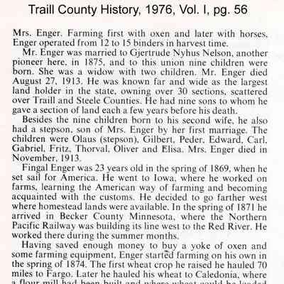 Page 56, Volume I, Traill County History book, 1976: The Fingal Enger family, part 2