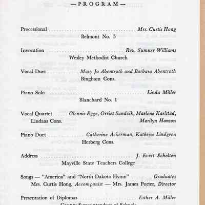 Traill County Rural Schools: 13 June 1958 Eighth Grade Graduation, Program