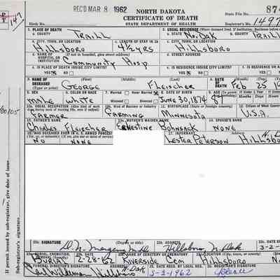 Certificate of death, George Fleischer: North Dakota, Traill County, Hillsboro