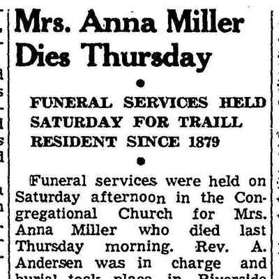 Obituary, Anna (Fleischer) Miller (widow of Henry Miller): Hillsboro Banner, 4 July 1941