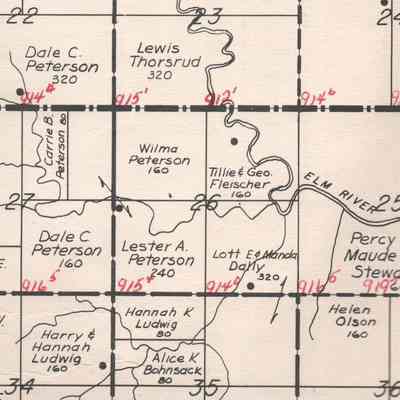 Homestead, Tillie and Geo (George) Fleischer, NE Qtr., Sect. 26: 1952 Atlas plat map for the SE portion of Bohnsack Township, Traill County, ND