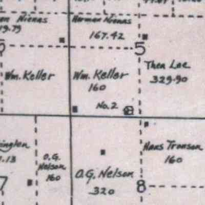 1900 map, portion of Morgan Township, Traill County, North Dakota: Morgan School No. 2 was located in the SW Qtr. of Section 5