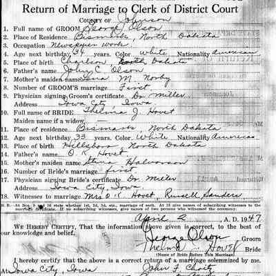 Clerk of Court Marriage record, Iowa City, Johnson County, Iowa: George Olson and Thelma Hovet marry, 2 April 1947